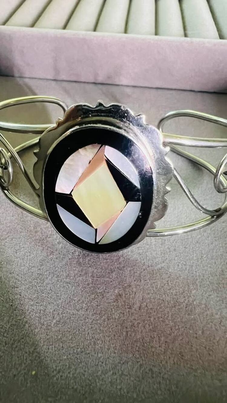 Vintage Silver-Tone Geometric Inlay Cuff Bracelet